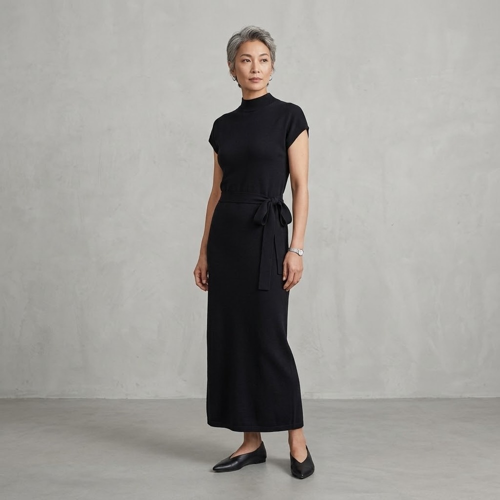 Karen Millen Maxi Dress Black Mock Neck Side Slit Tie Waist Size Small